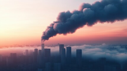 Smoke from Factories Merging into Clouds Above a Busy Urban Skyline Illustrating the Environmental Impact of Industrialization with Deep Depth of Field