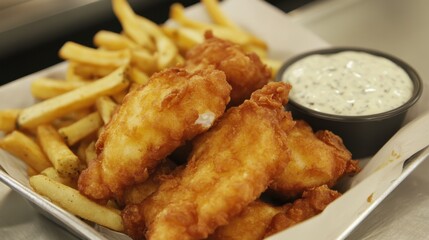 Crispy fish fillets and fries served with tartar sauce, a classic British meal presented in a warm and appetizing setting.