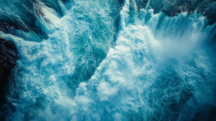 Dynamic ocean waves crashing against the rocky shore.