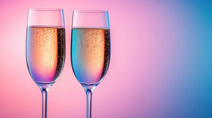 Two Elegant Champagne Glasses with Bubbles Against a Vibrant Pink and Blue Gradient Background