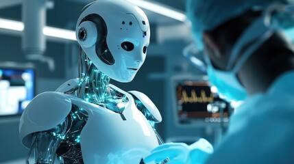 AI robot supporting complex medical procedures with guidance from a physician in a high-tech operating room