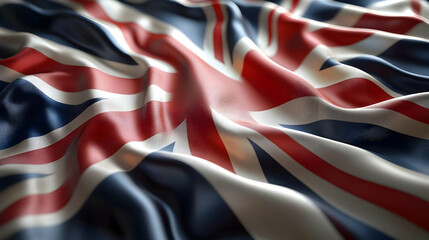 A close-up of a waving British flag showcasing its colors and design.