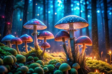Fototapeta premium Enchanting Night Photography of Bioluminescent Mushrooms in a Mystical Forest