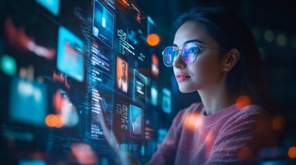 A woman interacts with digital screens, showcasing data and technology in a vibrant, modern setting.