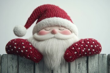 A cheerful Santa Claus with rosy cheeks and a white beard peeks over a wooden fence, wearing a red knit hat and mittens, symbolizing holiday cheer, winter, Christmas, joy, and anticipation.