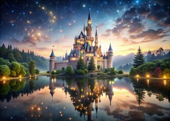 Obraz premium Enchanting Nighttime Fairy Tale Castle - Dreamy Fantasy Landscape Photography
