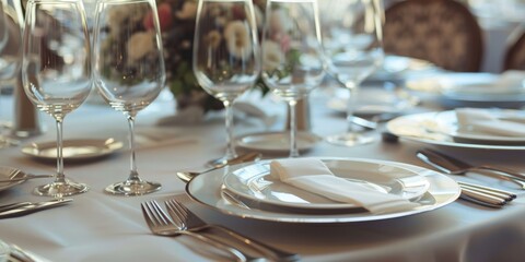 Fototapeta premium Elegant dining setup with fine china, crystal glasses, and silverware on a clean white tablecloth. 32k, full ultra HD, high resolution