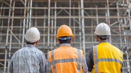 Construction workers overseeing building project with safety gear in urban environment