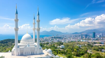Obraz premium Stunning aerial view of a modern mosque against a blue sky and vibrant cityscape, showcasing architectural beauty and cultural heritage.