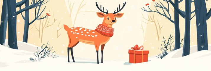 Fototapeta premium A cute deer wearing a red and white Christmas scarf stands in a snowy winter forest with a gift box in front of it, symbolizing the joy and magic of the holiday season.