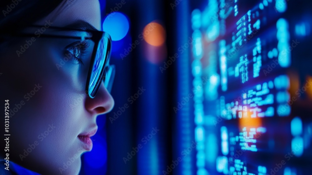 Poster a female it hacker focuses intently on a screen displaying complex code, analyzing cyber threats and