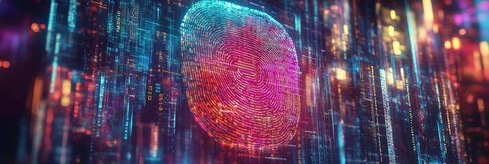 A futuristic digital fingerprint being scanned in a digital space, symbolizing  cybersecurity, identity, data, technology and privacy.