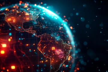 A futuristic depiction of a digital globe with glowing privacy shields, symbolizing global connectivity, data security, privacy protection, digital transformation, and cybersecurity.