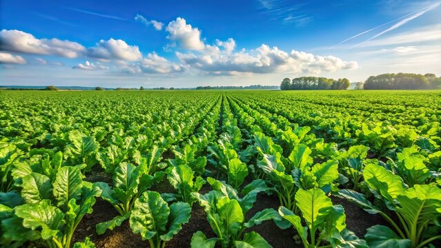 Long shot sugar beet bright green leaves in field during harvesting period