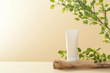 Minimalist product photography of a blank cosmetic tube on a natural wood surface surrounded by greenery