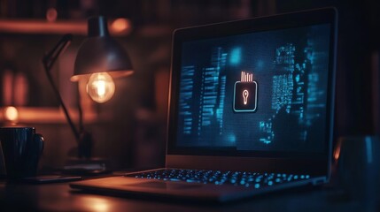 A laptop with a glowing privacy mode icon on the screen, symbolizing secure online activity, data encryption, password protection, digital safety, and online privacy.