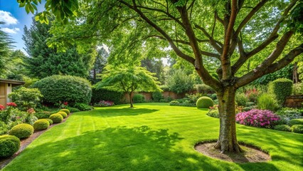 Fototapeta premium Low angle view of a beautiful green garden with manicured lawn and tree