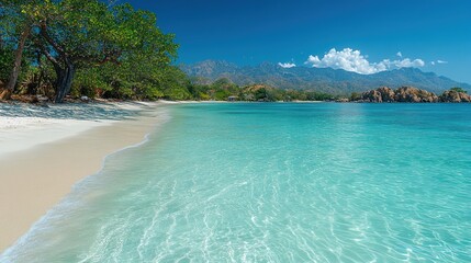 Fototapeta premium Serene beach with clear water and mountains in the background.