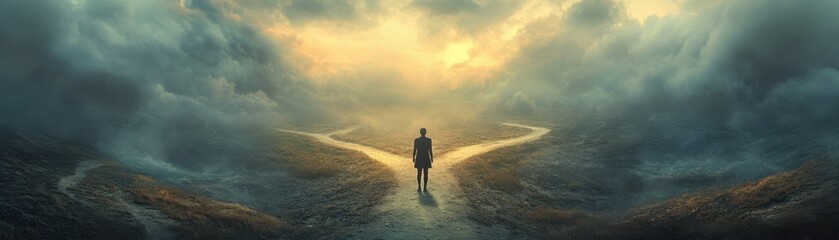 Person Standing at a Crossroads in a Dramatic Landscape with Stormy Skies and Sunlight Breaking Through the Clouds
