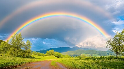 Naklejka premium Bright Rainbow Over Peaceful Landscape