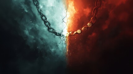 A powerful visual representing the journey of forgiveness, breaking free from chains and embracing a brighter future, symbolized by light and darkness, fire and water, chains and freedom.