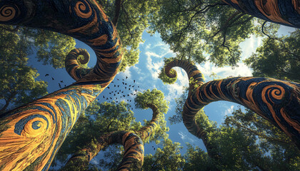 Fototapeta premium A dense forest of trees that twist and spiral upward into the sky. The bark has vibrant, swirling patterns, and the leaves form spiraling shapes