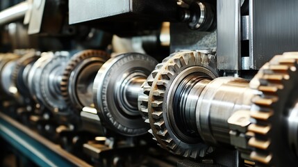 Close-up of industrial factory machinery operating at full capacity, with gears turning and pistons moving