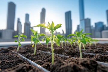 Urban gardening with vibrant seedlings growing in rich soil against a skyline backdrop, symbolizing sustainability and green living.