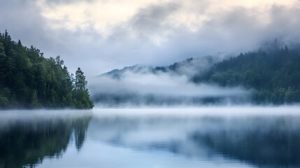 Obraz premium Fog Settling Over Mountain Lake