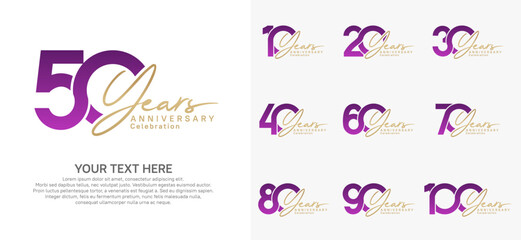 Anniversary logo set vector design, purple and gold for celebration event