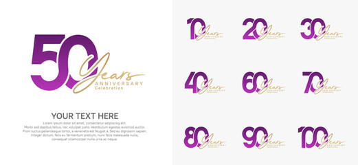 Anniversary logo set vector design, purple and gold for celebration event