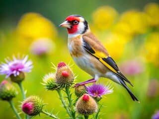Obraz premium European Goldfinch on Thistle in Meadow - Stunning Landscape Photography