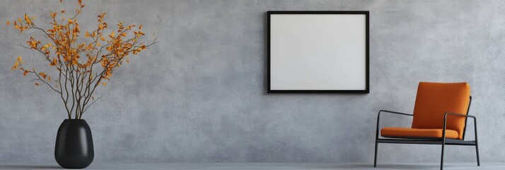 A sleek and stylish living room with a concrete wall, a black vase with dried branches, an orange armchair, and a large blank frame, perfect for showcasing art or a design project.