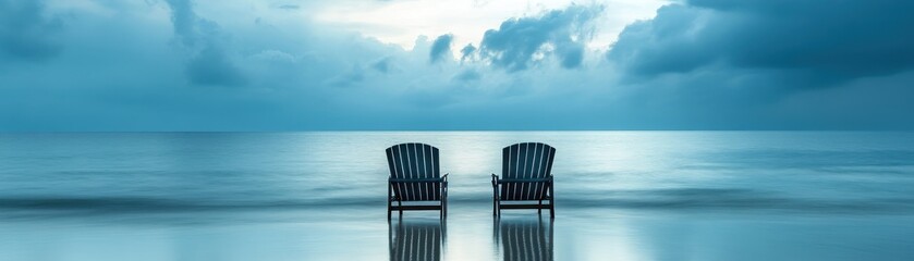 Serene Ocean View with Two Empty Chairs on a Tranquil Beach Under a Cloudy Sky at Dusk