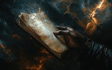 Fototapeta premium Mysterious hand holding an ancient, weathered book