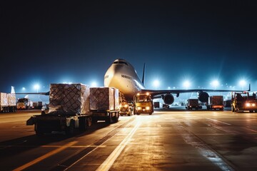 Cargo plane unloading at the airport in the night