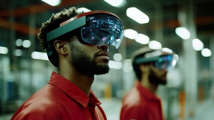 Factory workers using augmented reality glasses for hands-on training, learning to operate complex machinery in real-time
