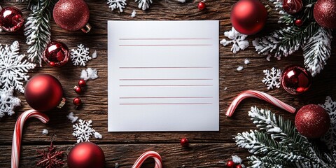 Festive Christmas flat lay with blank note and decorations