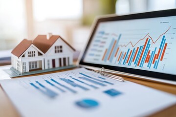 Estate market analysis with financial graphs and data on a desk showcasing growth and profit trends in real estate investment