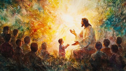 Jesus teaching children in a vibrant, illuminated forest scene