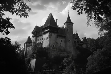 Obraz premium A vintage black and white photograph of an imposing Dracula castle shrouded in mist, with gothic architecture, tall towers, and a sense of mystery and intrigue.