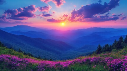 Serene sunset over mountains with vibrant flowers in foreground.