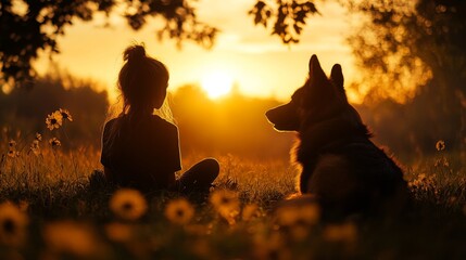 A young girl sits with her dog, silhouetted against a vibrant sunset, symbolizing friendship, loyalty, companionship, love, and the beauty of nature.