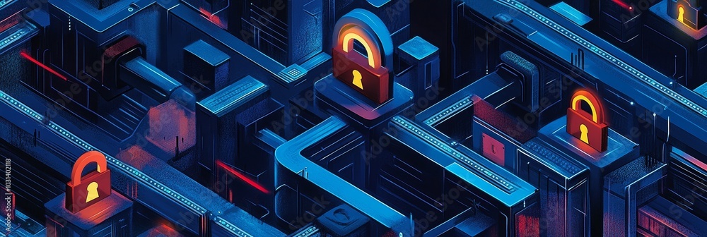 Poster abstract digital illustration depicting a data stream flowing through a complex network of interconn