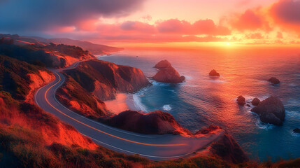 Scenic coastal road at sunset with rocky formations and ocean view.