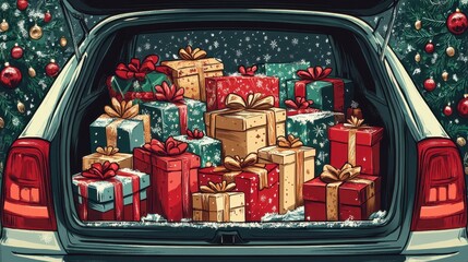 Festive Car Trunk Filled with Wrapped Christmas Gifts and Snowflakes Amidst Decorated Holiday Trees