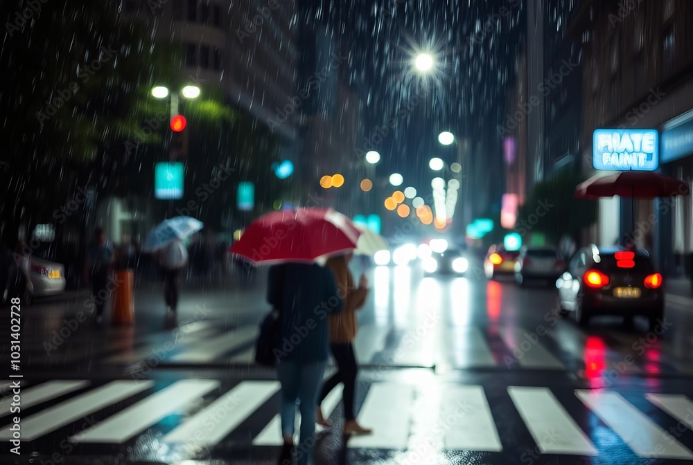 Wall mural rainy street night multiple exposures blurred umbrellas rainc