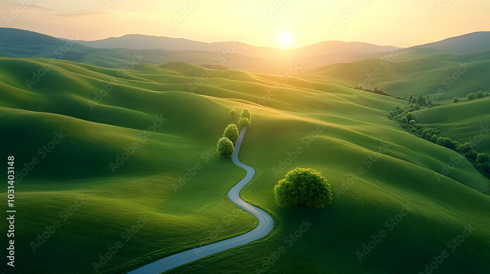 Canvas Prints Serene landscape with rolling hills and a winding road at sunset.