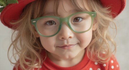 Fototapeta premium MinJi - Cheerful Child in Red Hat and Green Glasses with Polka Dot Top