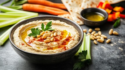 Rustic Roasted Garlic Hummus with Pinenuts and Olive Oil served in a bowl, perfect for dipping with fresh vegetables and pita bread.